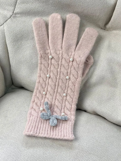 Thermal Pearl Detail Bow Five-Finger Gloves - Blush Pink One Size