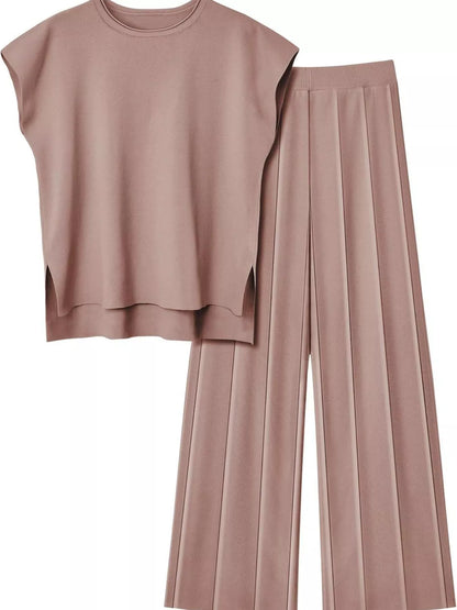 Casual Cap Sleeve Top and Pants Knit Set -