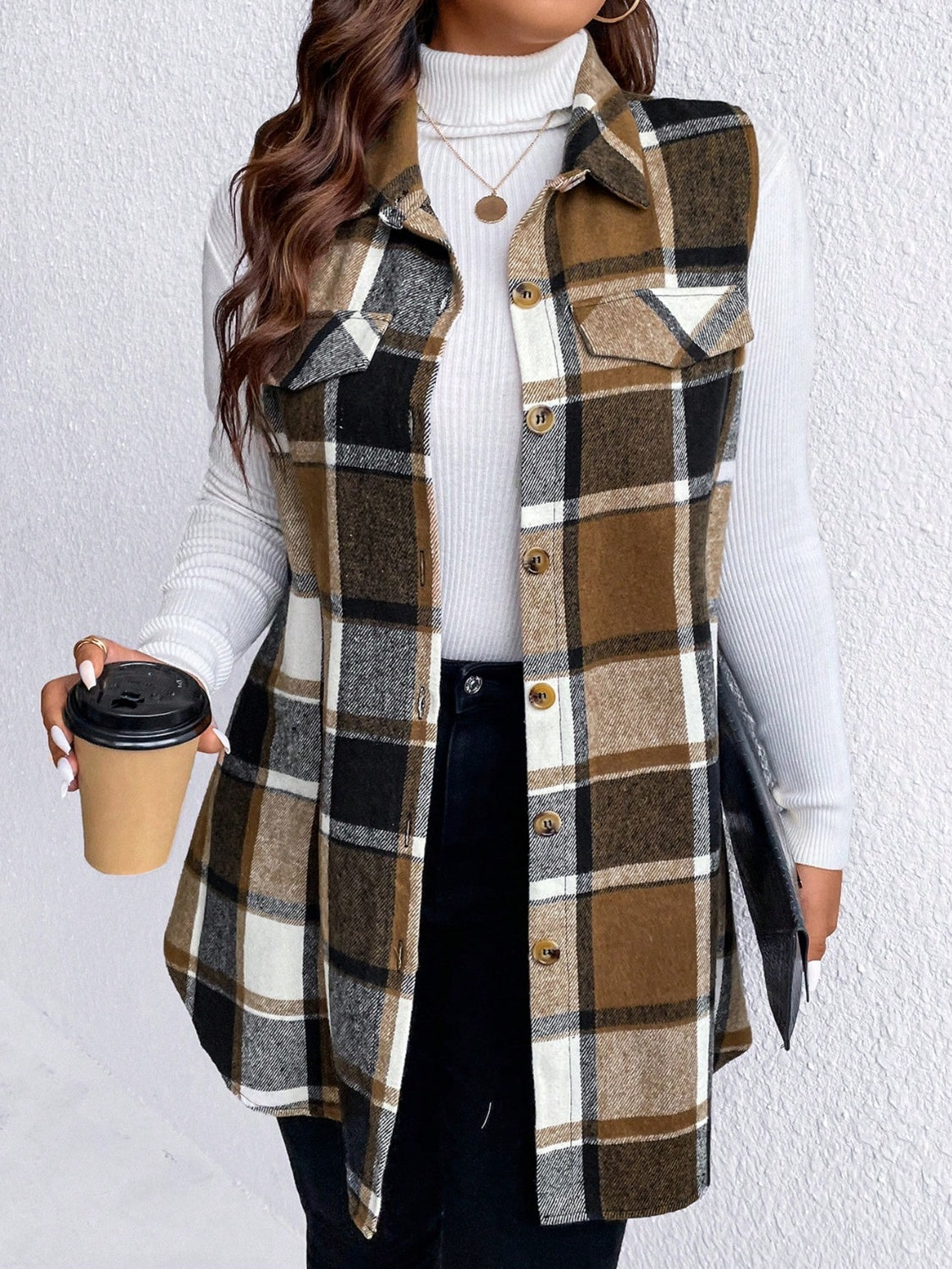 Plus Size Pocketed Plaid Button Up Vest Coat - Camel