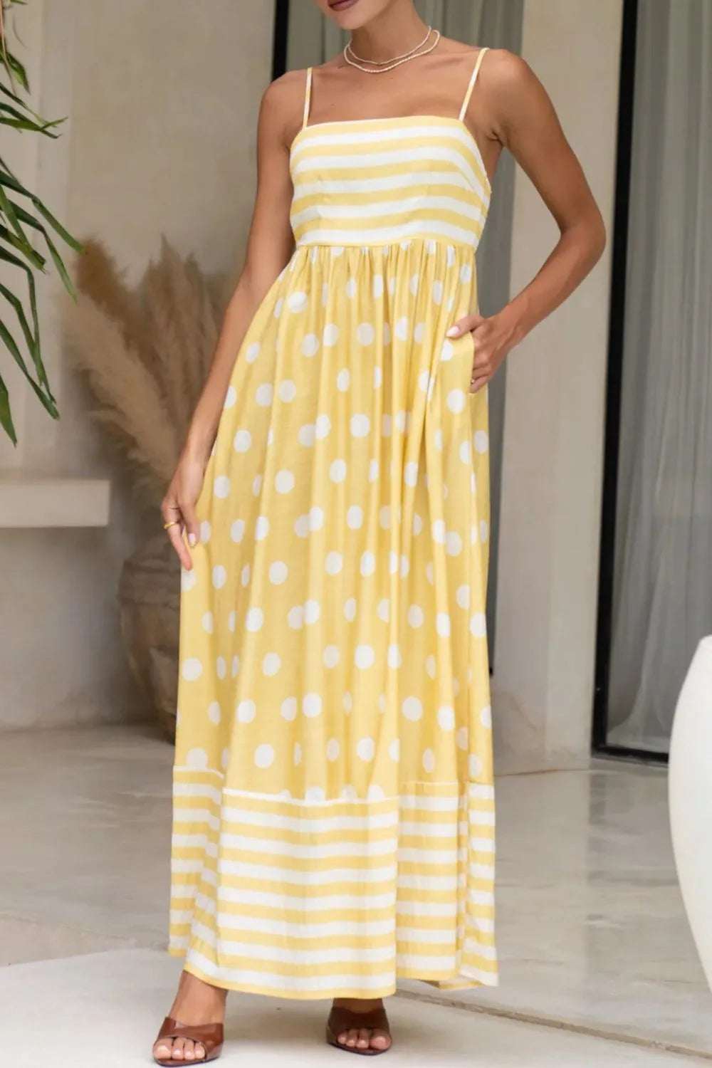 Polka Dot Square Neck Cami Dress - Yellow
