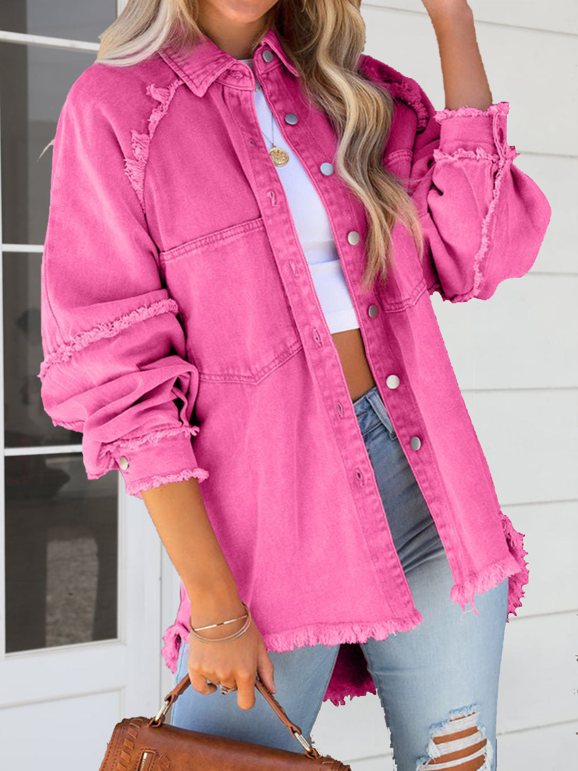 Button Down Raw Hem Denim Jacket - Pink