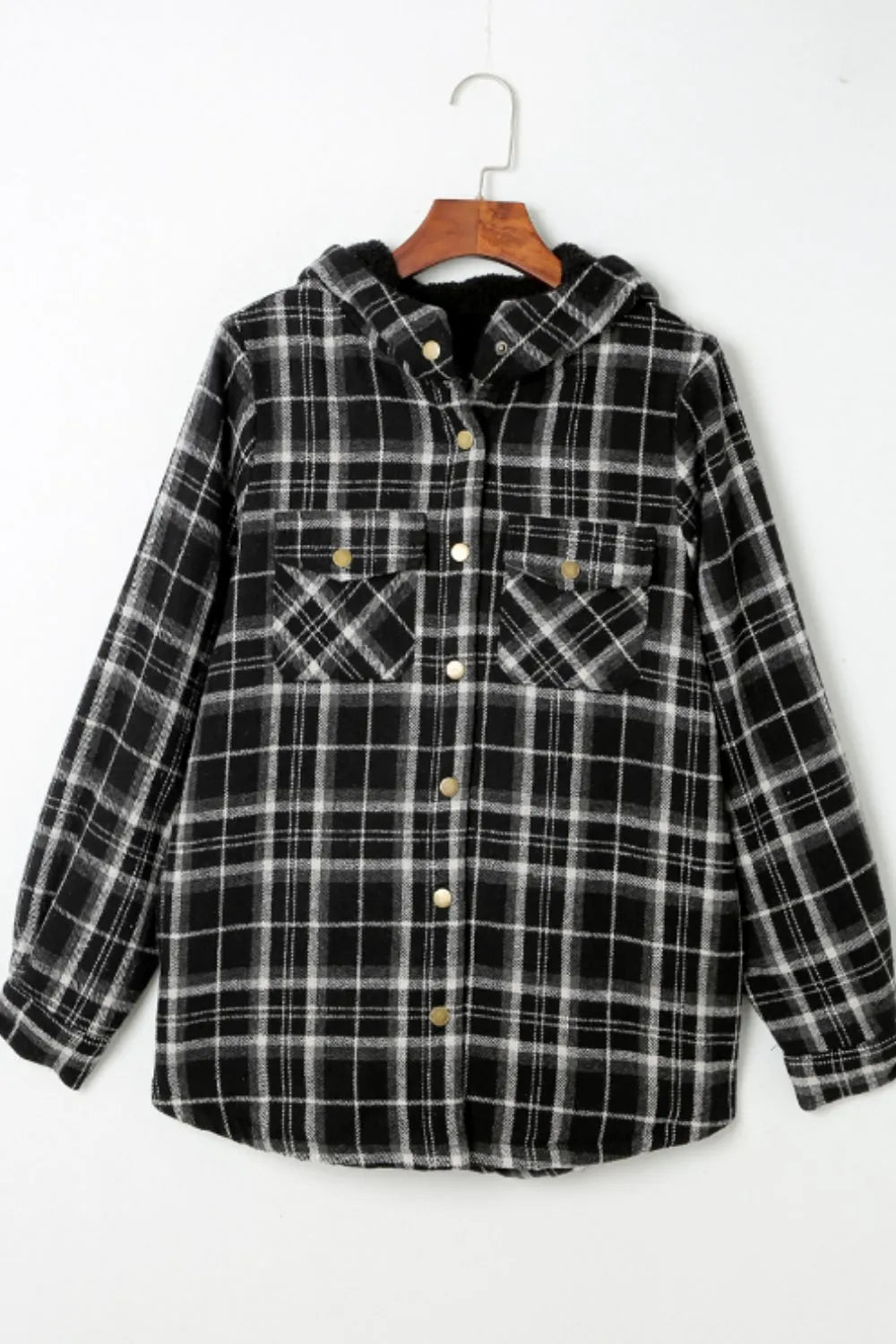 Plaid Button Up Long Sleeve Hooded Jacket -