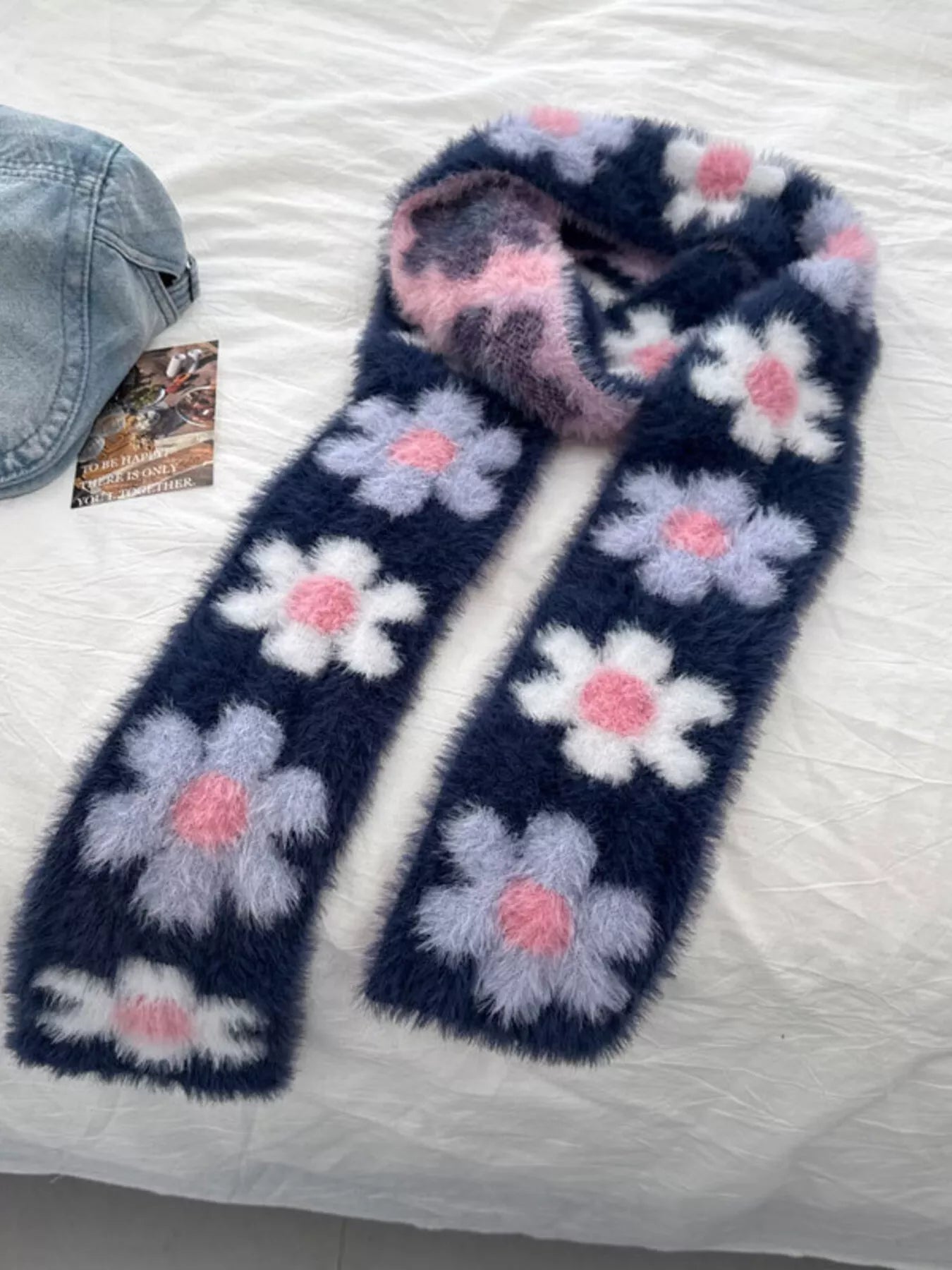 Floral Fuzzy Knit Scarf -
