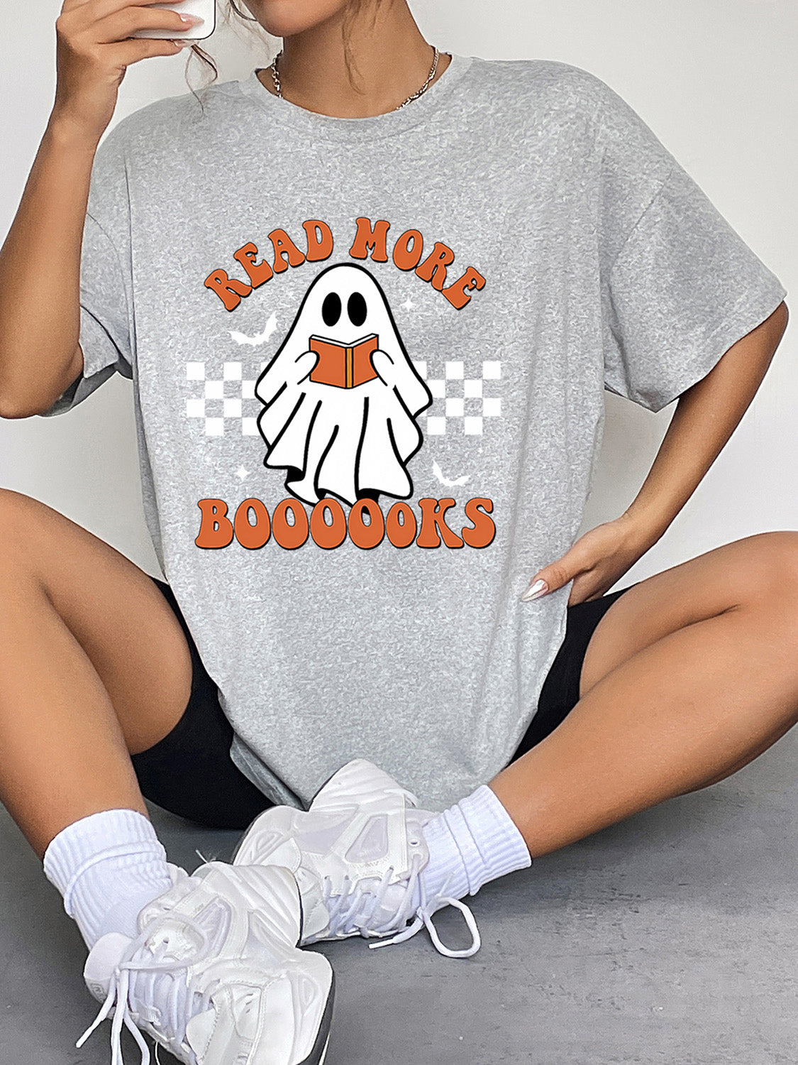Round Neck Short Sleeve Ghost Graphic T-Shirt - Cloudy Blue