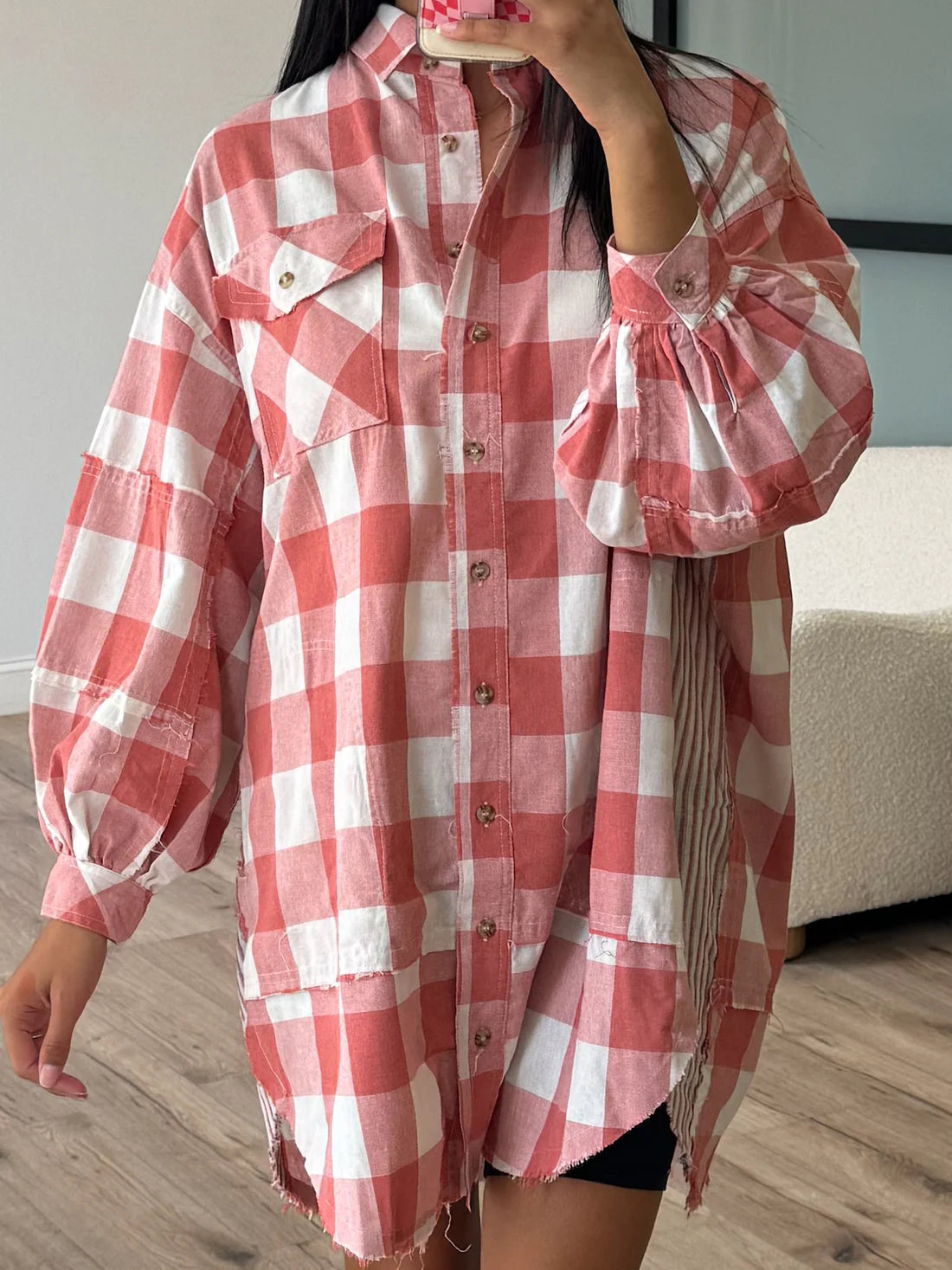 Plaid Collared Neck Long Sleeve Shirt Dress -