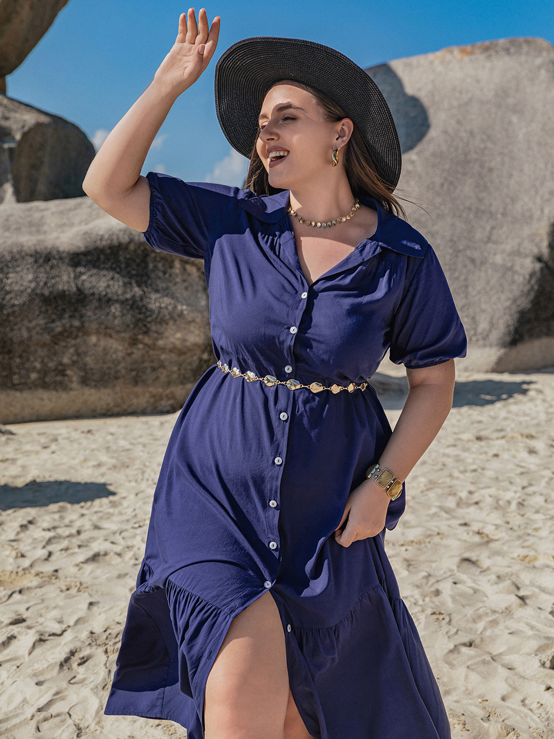 Plus Size Collared Neck Short Sleeve Midi Dress - Dark Blue