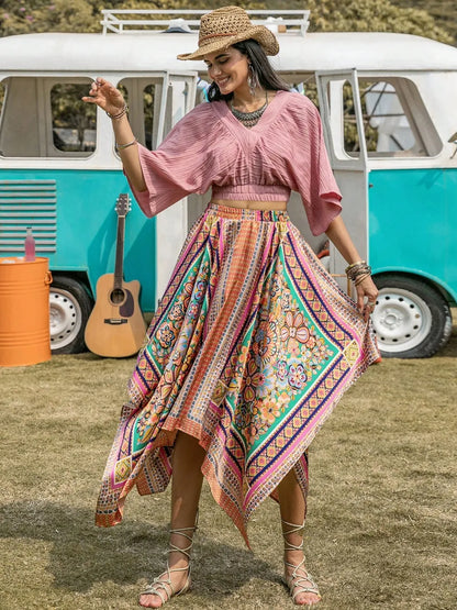 Printed High Waist Handkerchief Hem Skirt -