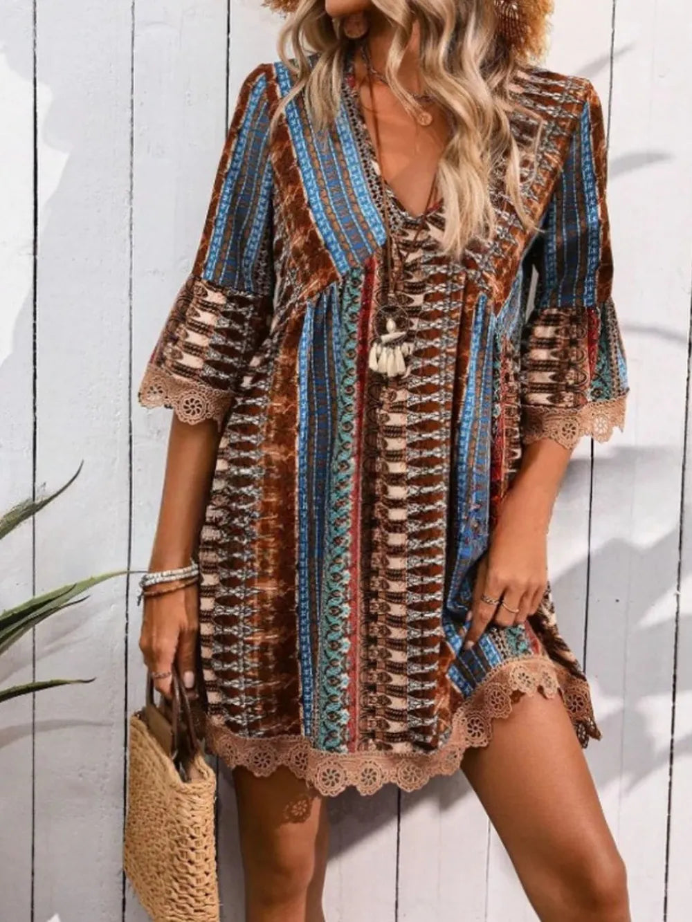 Lace Trim Printed V-Neck Dress - Brown