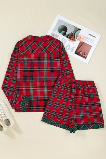 Plaid Patched Long Sleeve Shirt and Shorts Pajama Set -