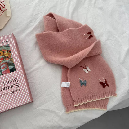 Butterfly Embroidered Knitted Scarf - Pink One Size