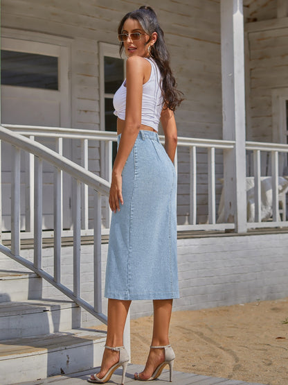 Button Down Denim Skirt - Pastel Blue