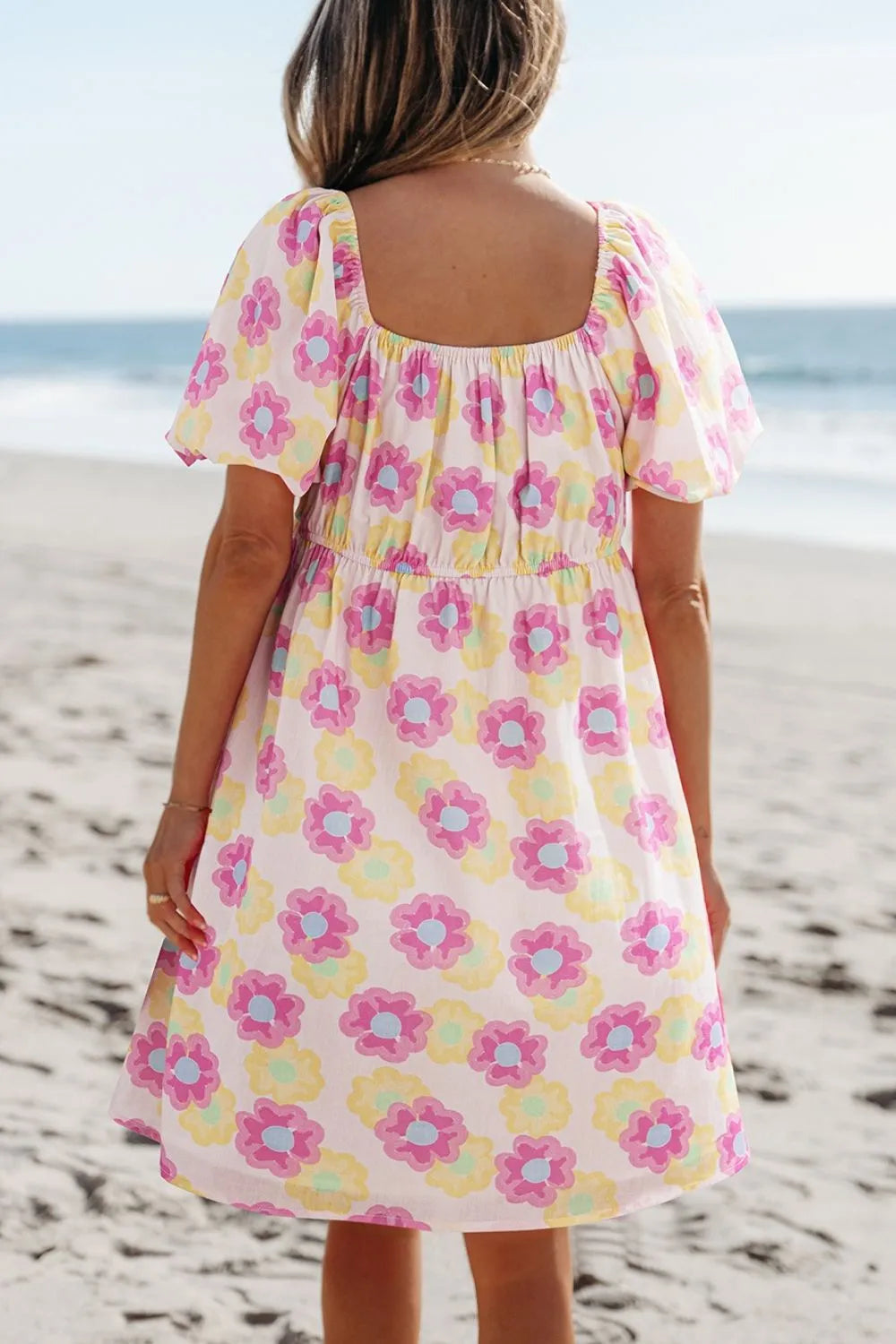 Floral Square Neck Puff Sleeve Flared Dress -