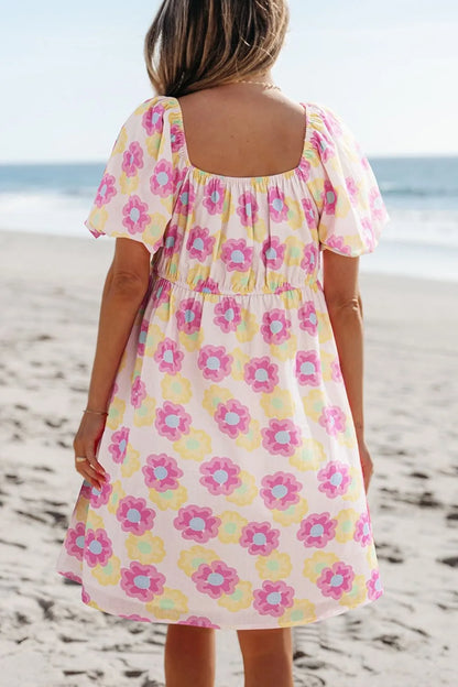Floral Square Neck Puff Sleeve Flared Dress -