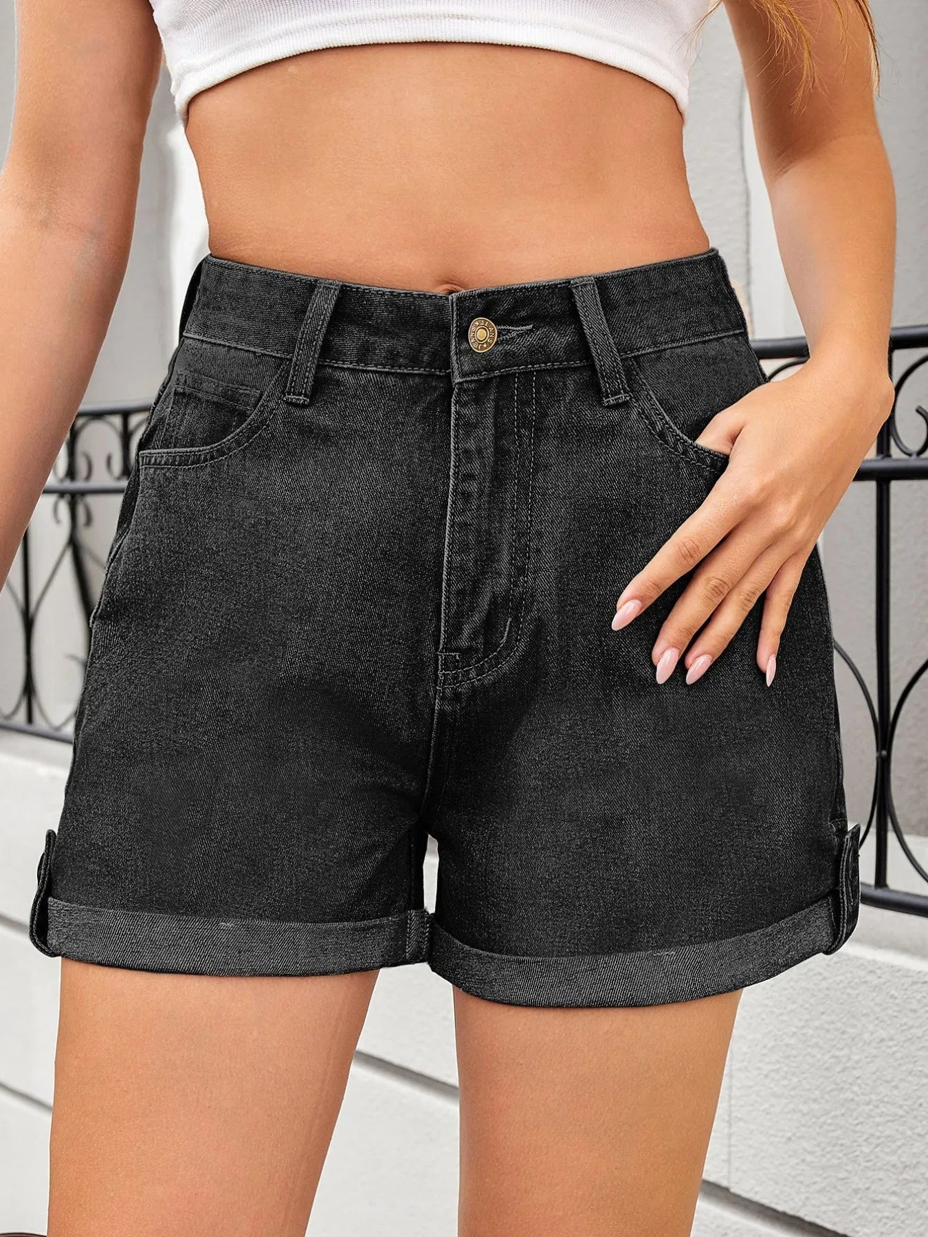 High Waist Rolled Hem Gradient Denim Shorts - Black Gray
