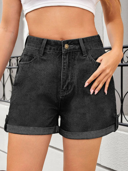High Waist Rolled Hem Gradient Denim Shorts - Black Gray
