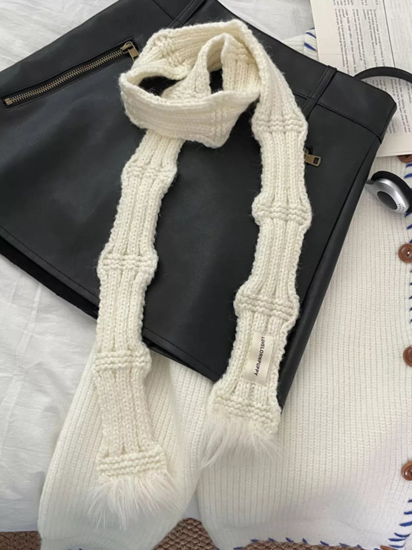 Knitted Plush Trim Scarf - White One Size