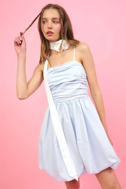 Ruched Detail Bubble Hem Mini Dress - Blue