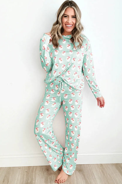 Santa Print Long Sleeve Top and Pants Lounge Set -