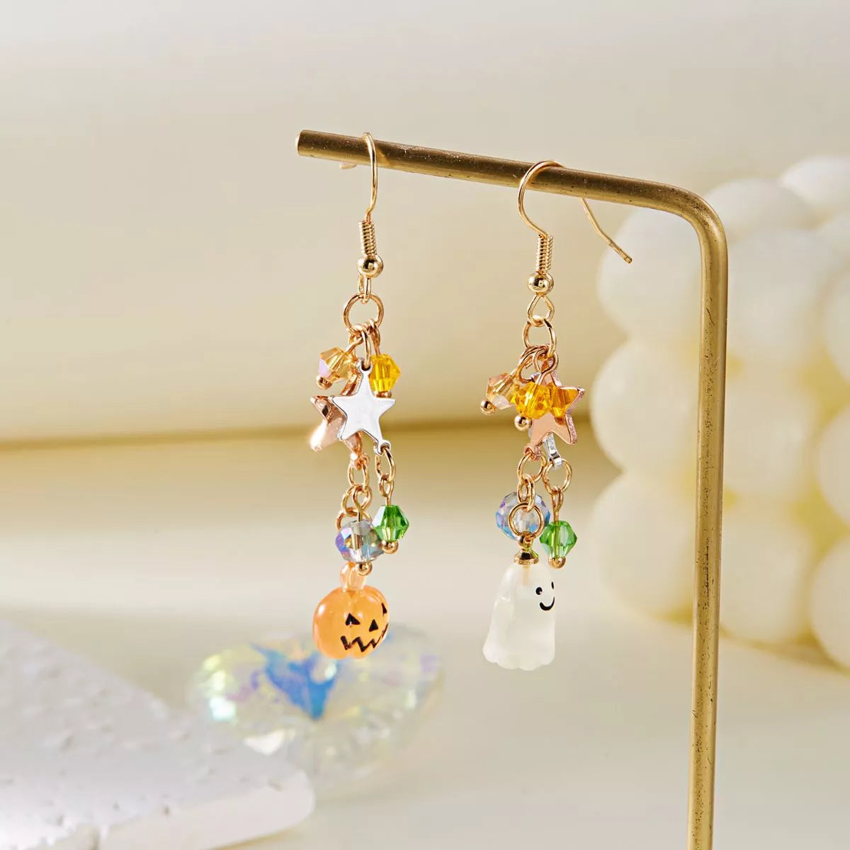 Halloween Asymmetrical Pumpkin Ghost Earrings - Style B One Size