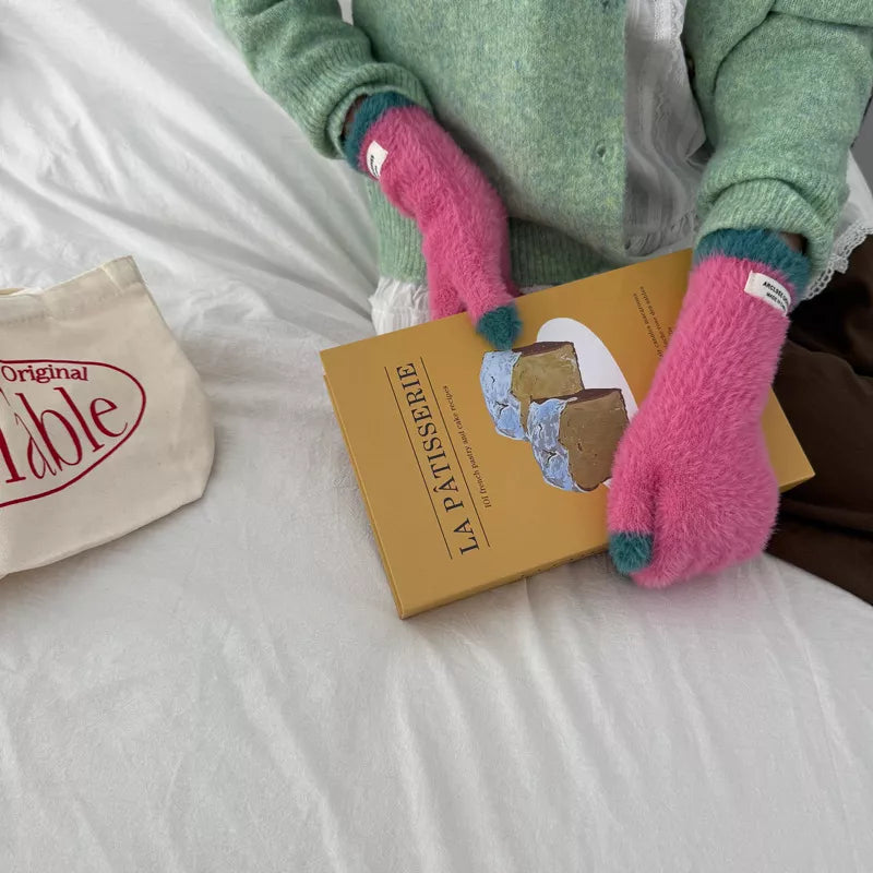 Warm Plush Contrast Knitted Gloves - Pink One Size