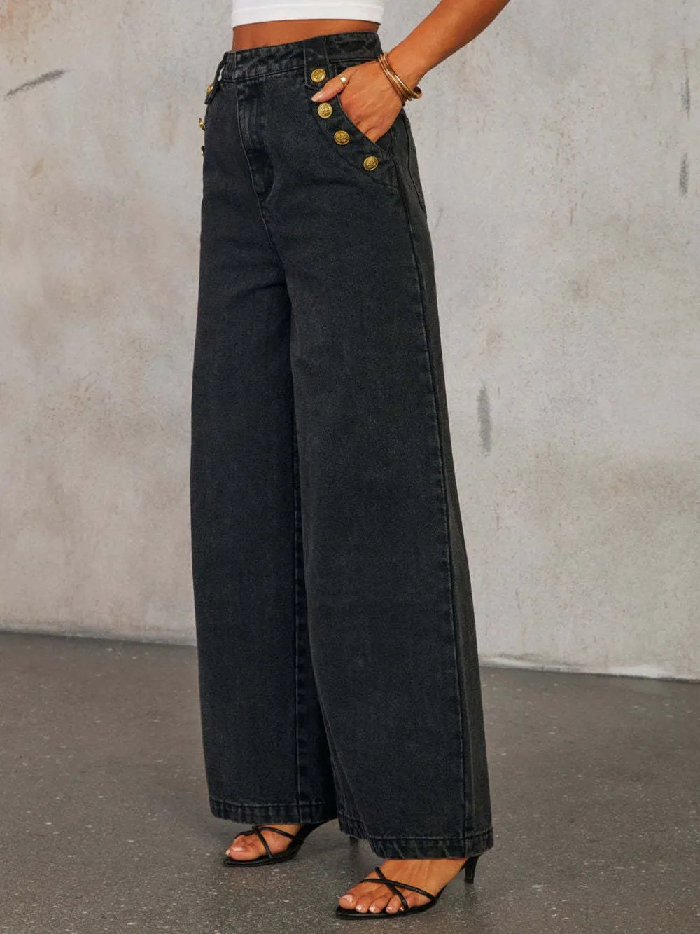 Button Decor High Rise Wide Leg Jeans -