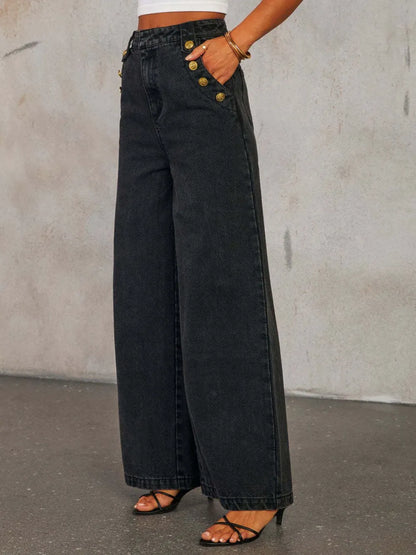Button Decor High Rise Wide Leg Jeans -