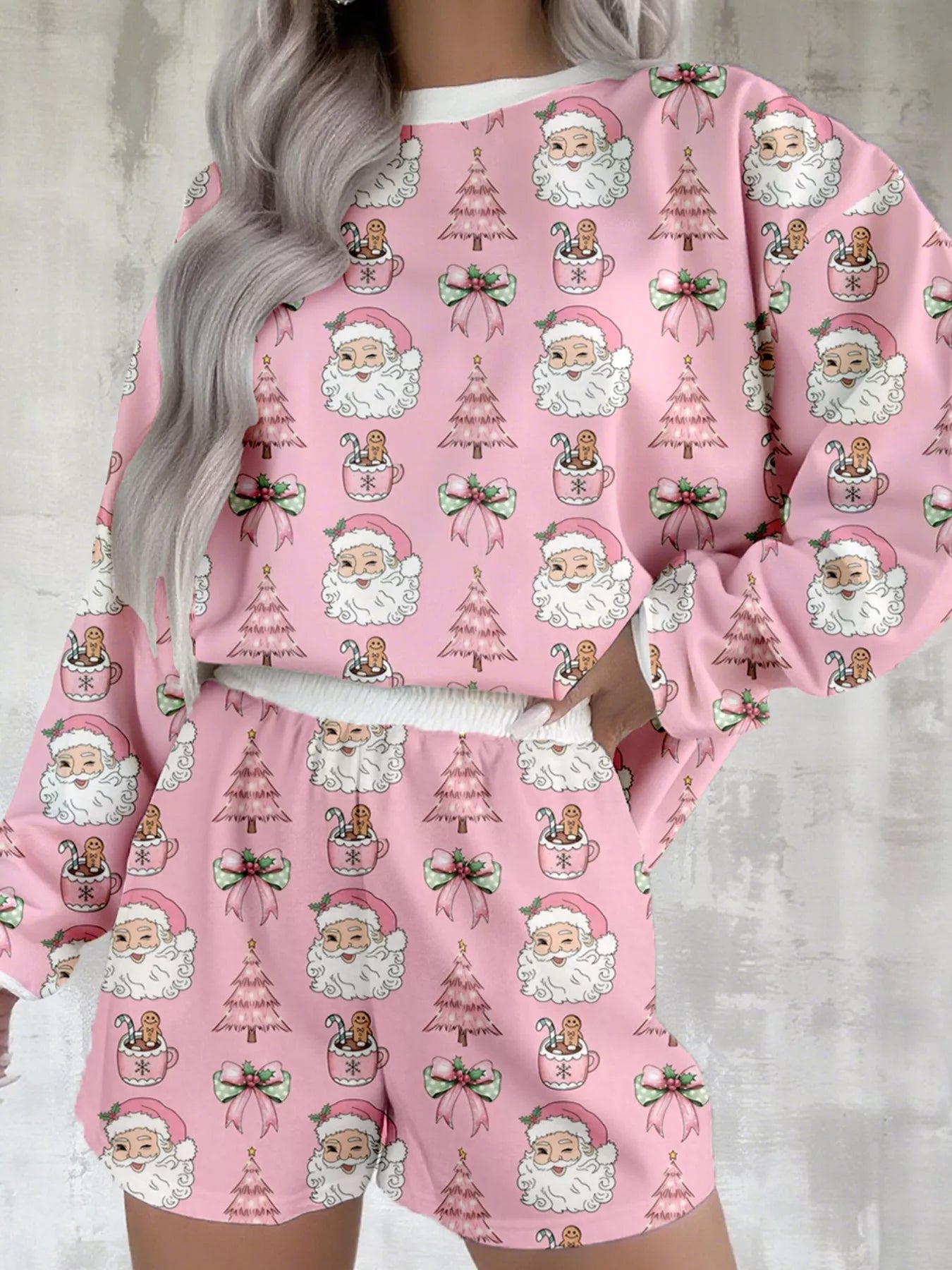 Santa Print Round Neck Top and Shorts Lounge Set - Dusty Pink
