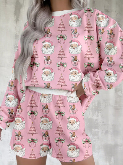 Santa Print Round Neck Top and Shorts Lounge Set - Dusty Pink