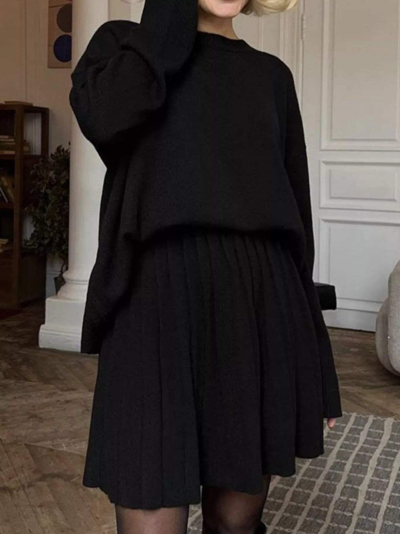 Round Neck Top and Pleated Skirt Sweater Set - Black One Size