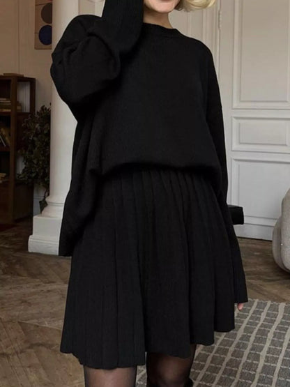Round Neck Top and Pleated Skirt Sweater Set - Black One Size