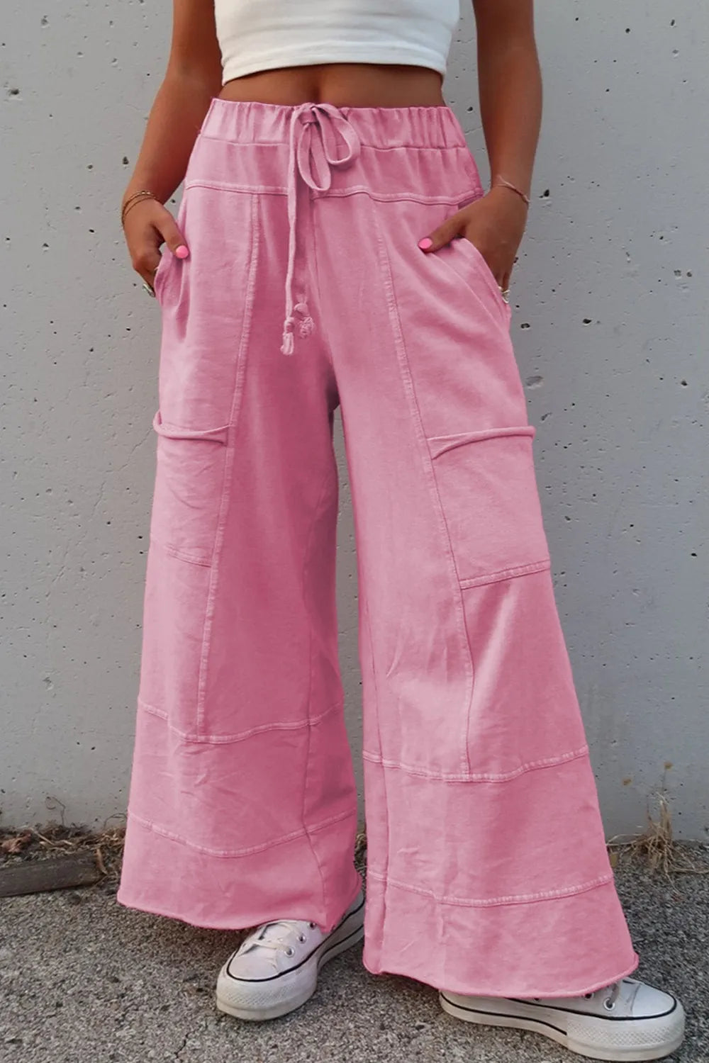 Exposed Seam High Waist Wide Leg Cargo Pants - Blush Pink