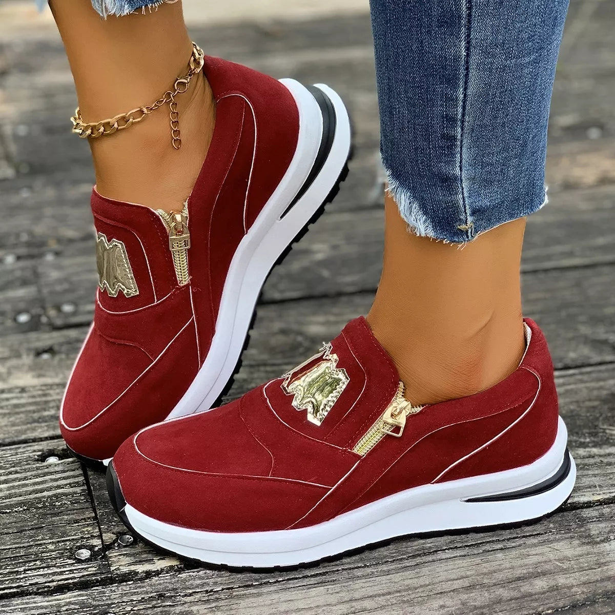 Round Toe Platform Slip-Ons - Red