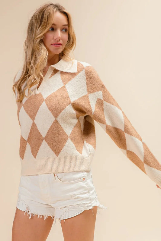 Diamond Pattern Collared Notch Neck Sweater - Oatmeal