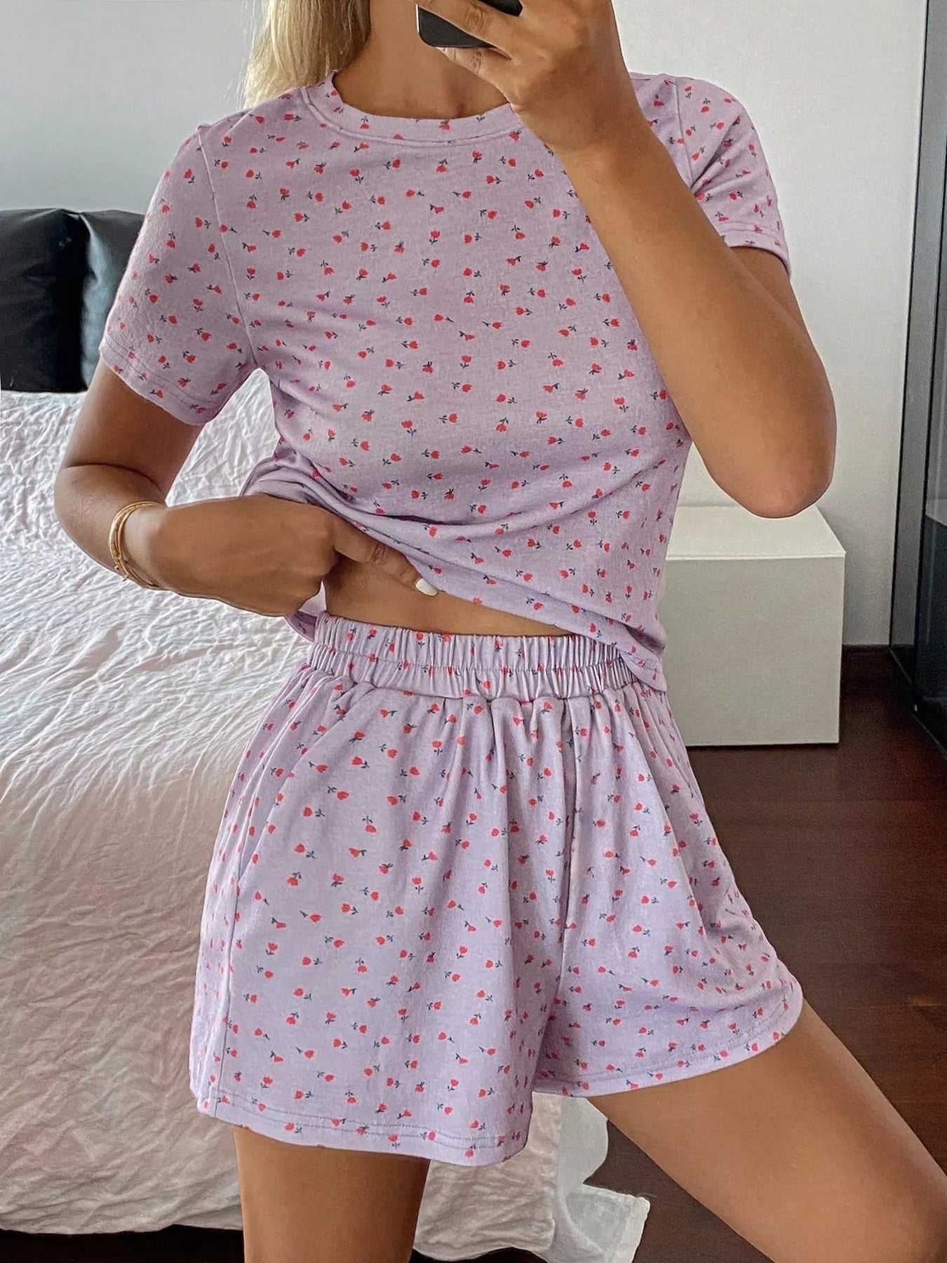 Floral Round Neck Top and Shorts Lounge Set -