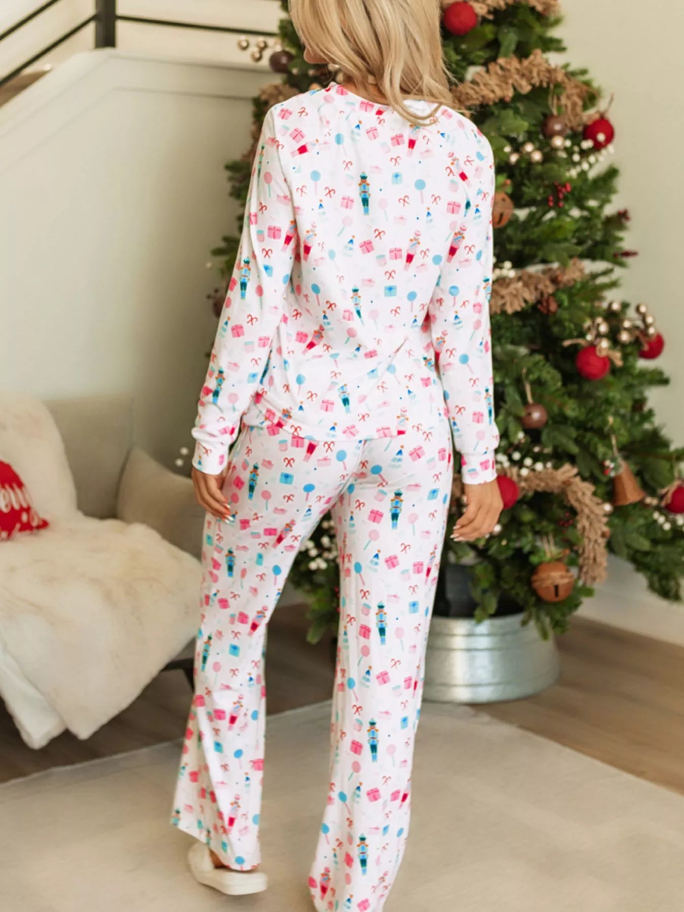 Christmas Pattern Long Sleeve Top and Wide Leg Pants Set -