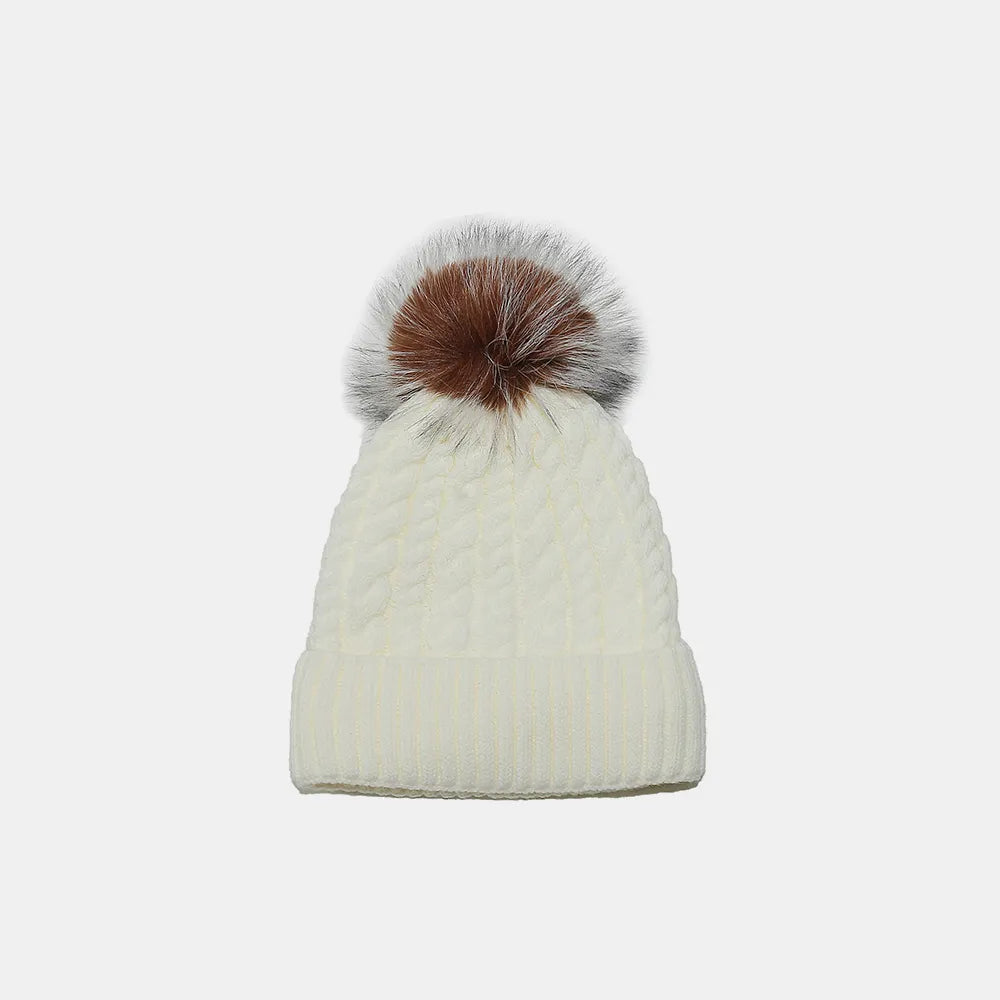 Cable Knit Winter Hat with Pompom - Ivory One Size