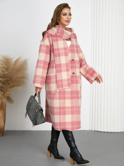 Plaid Button Up Long Sleeve Coat - Burnt Coral