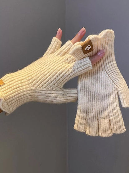 Fingerless Knitted Gloves - Off-white One Size