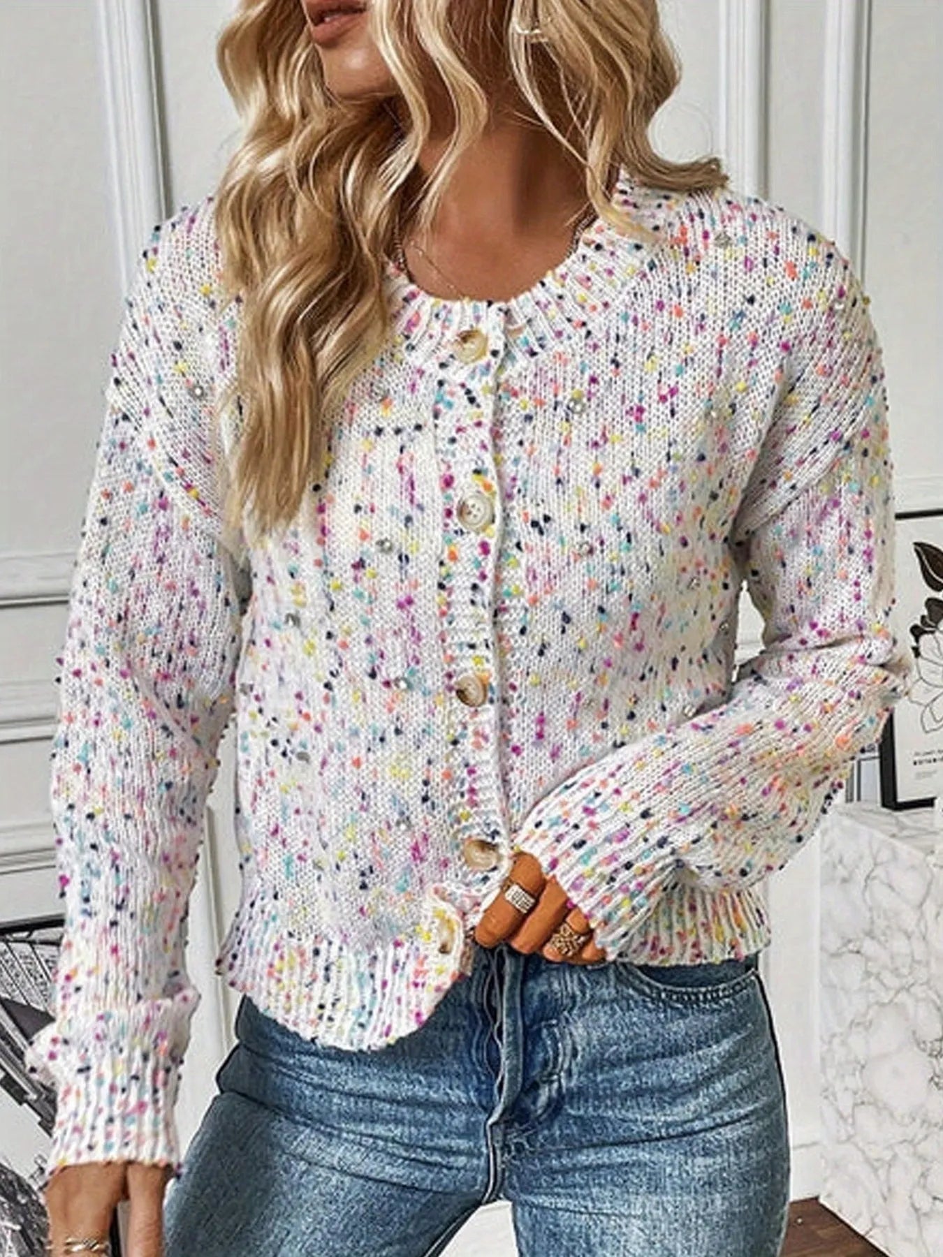 Colorful Button Up Long Sleeve Cardigan - White