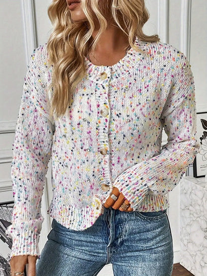 Colorful Button Up Long Sleeve Cardigan - White
