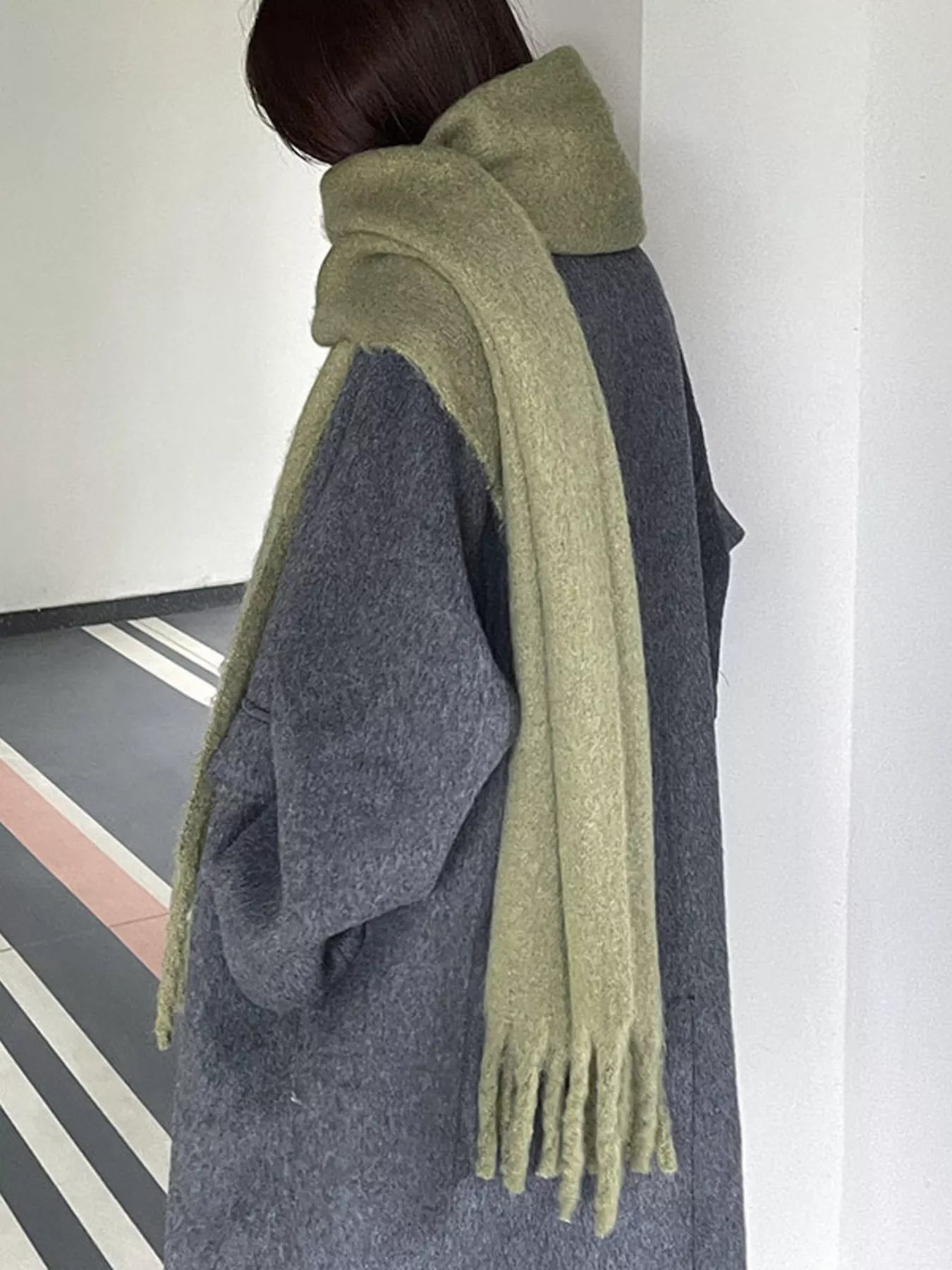 Solid Color Fringe Scarf - Mustard Green One Size