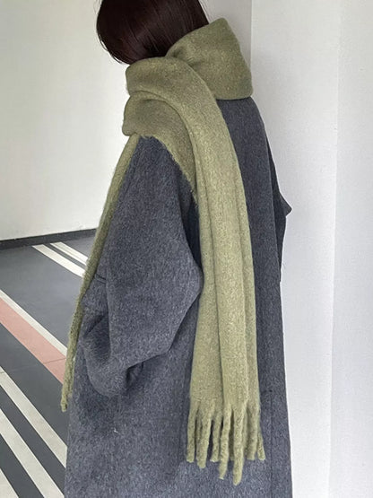 Solid Color Fringe Scarf - Mustard Green One Size