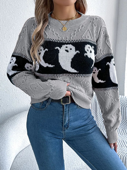 Ghost Round Neck Long Sleeve Sweater - Gray