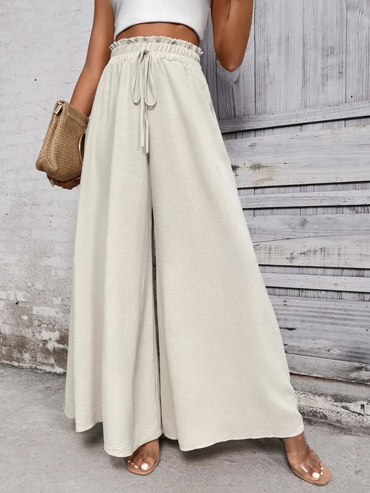 Tied High Waist Wide Leg Pants - Beige