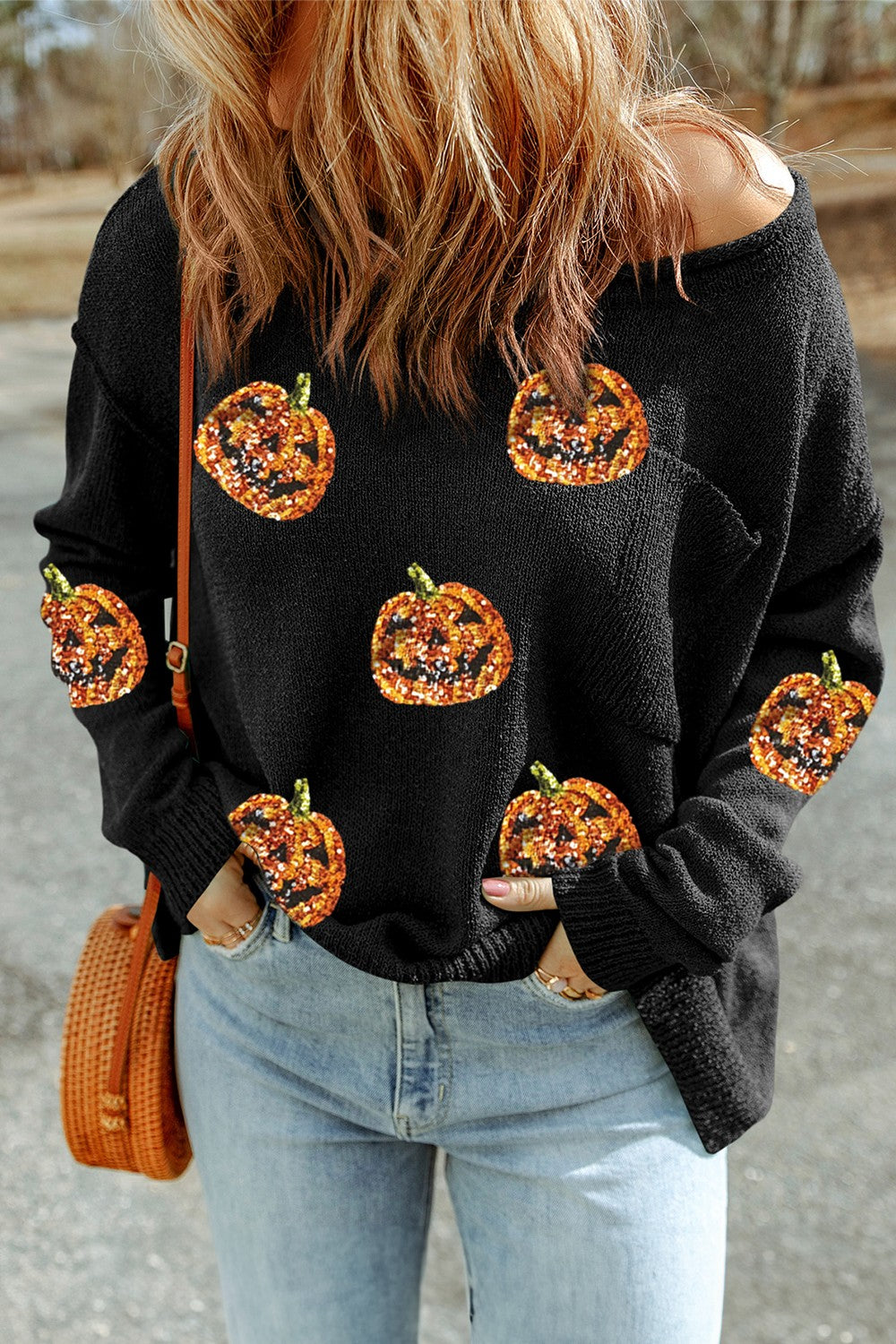 Pumpkin Round Neck Long Sleeve Knit Top - Black