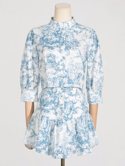 Printed Mock Neck Top and Skirt Set -