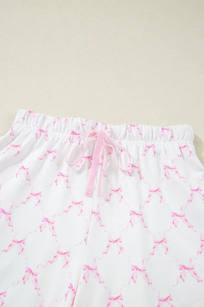 Bow Print Round Neck Top and Shorts Lounge Set -
