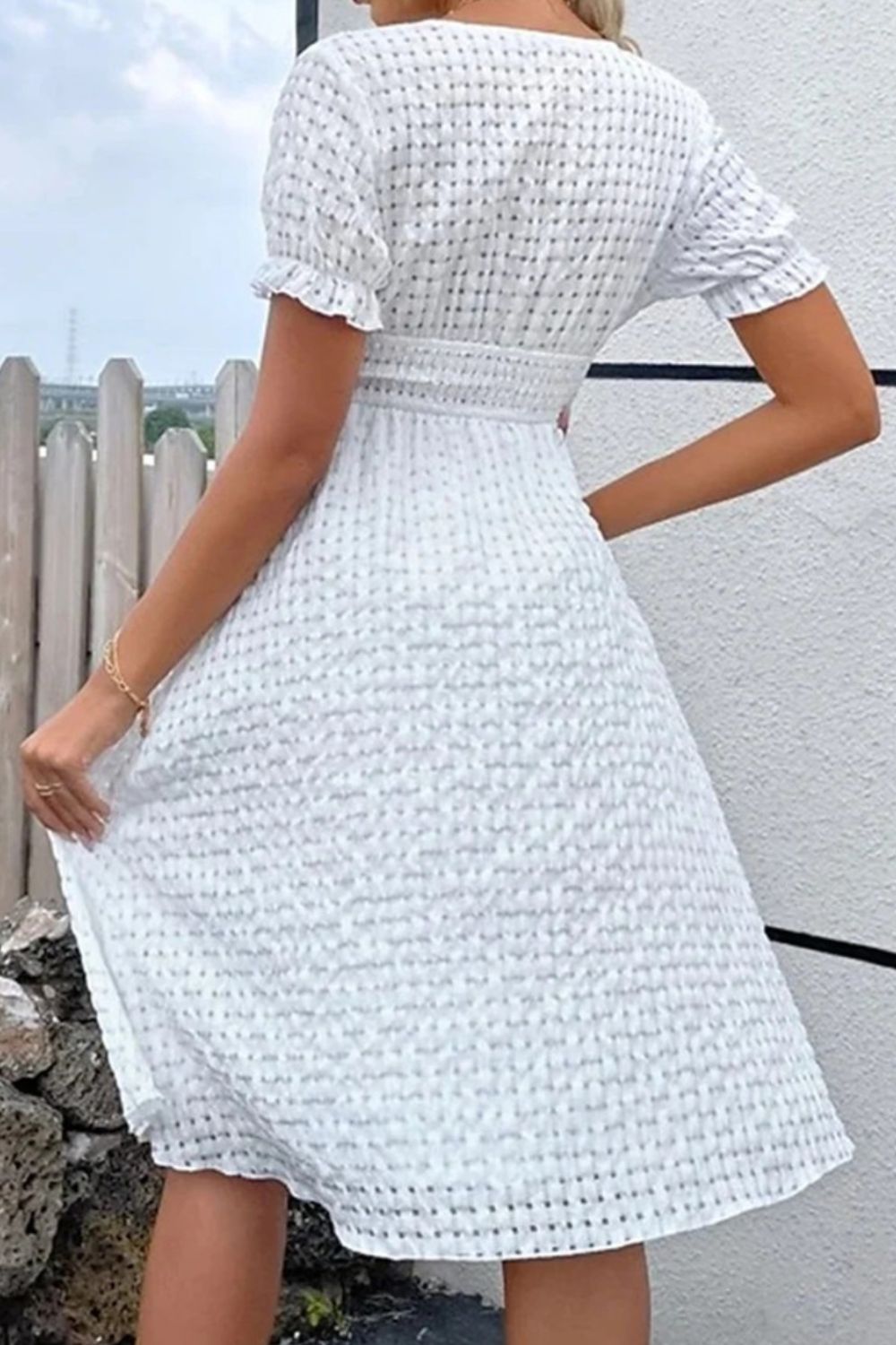 Textured Surplice Short Sleeve Dress - White