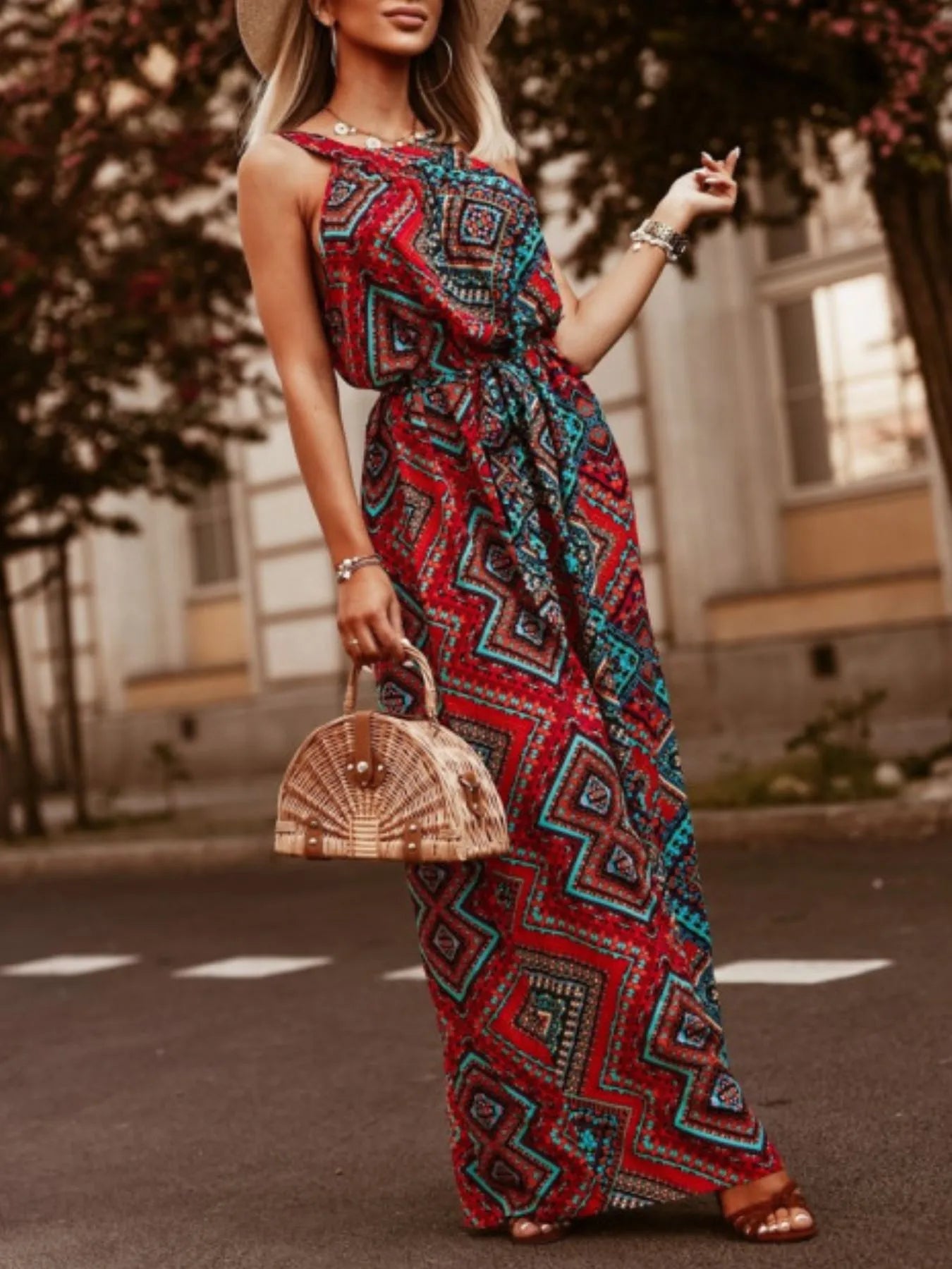 Tropical Floral Halter Neck Summer Dress -
