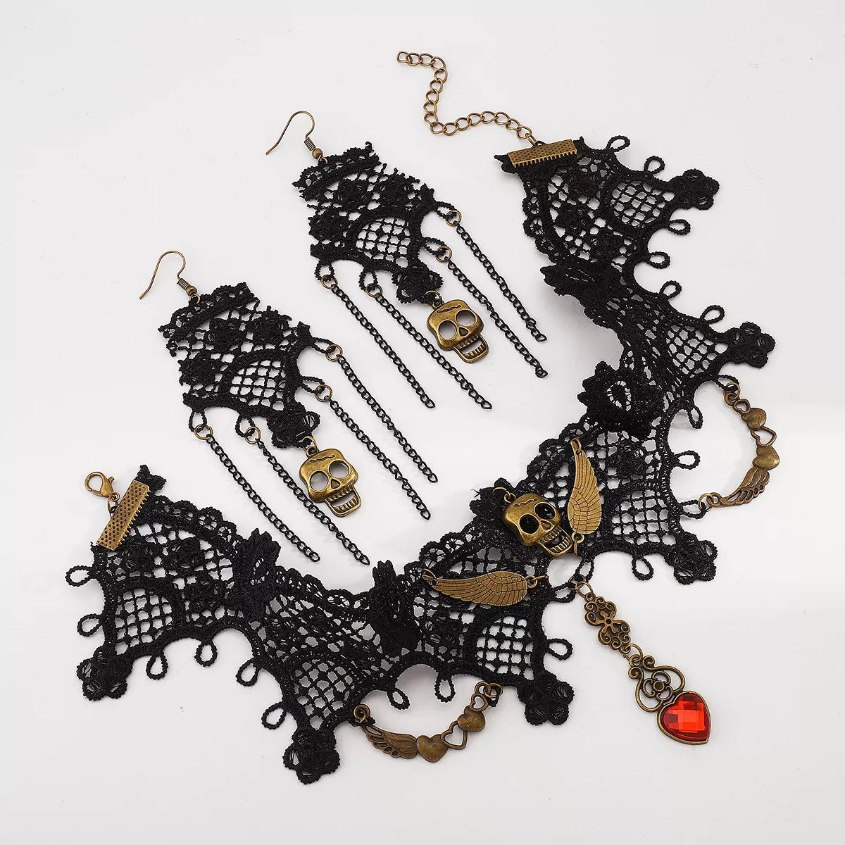 Lace Skull Necklace and Earrings Jewelry Set -